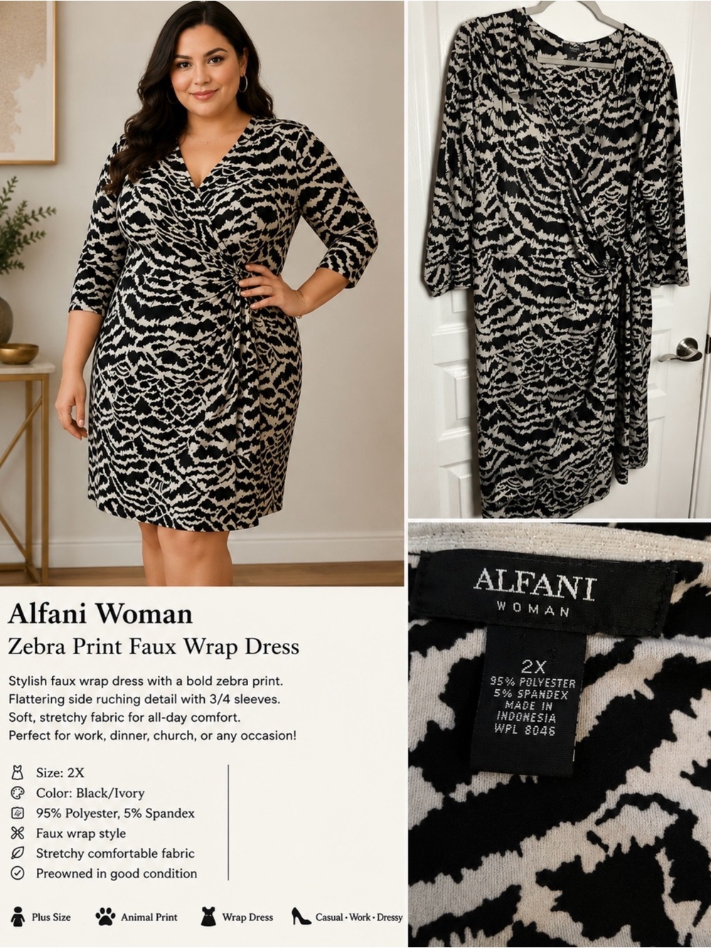 Alfani Woman Zebra Print Faux Wrap Dress Plus Size 2X